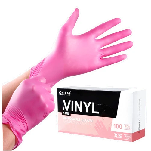 OKIAAS Black/Pink Vinyl Disposable Gloves Latex Free, Food Grade, 5 mil, Cooking, Cleaning, Hair Dye, 50/100/200/1000 Count