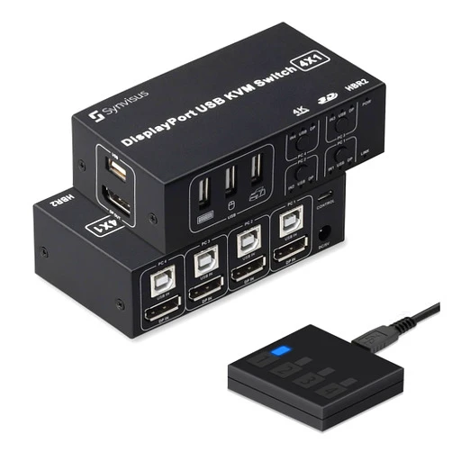 Synvisus DisplayPort KVM Switch 4 Port 3D UHD 4K@60Hz, 2K@120Hz 4 in 1 Out USB and DP1.2 KVM Switcher, with 4 USB Cables