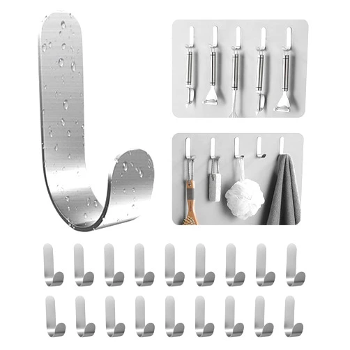 ATDOALL Self Adhesive Towel Hooks, 304 Stainless Steel Heavy Duty Shower Hook for Bathroom, Kitchen, Living Room and Hotel to Hang Towels, Keys, Bags and Hats - 20 Pack