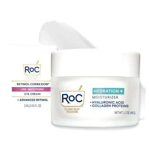 RoC Hydration+ Hyaluronic Acid Moisturizer Face Cream, Hydrating, Smoothing, Fragrance Free Formula with Collagen Proteins (1.7 Ounces) with Retinol Eye Cream Packette