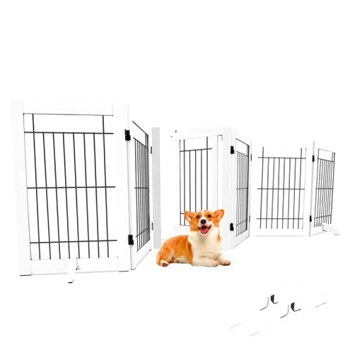 SIMFLAG Freestanding Dog Gates for The House 6 Panels Extra Wide Dog Gates for Doorways, Wooden Wire Dog Fences Indoor Outdoor with 2 Support Feet, Pet Gates for Dogs, White
