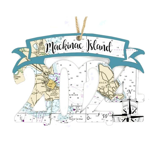 MapMom Mackinac Island New Year 2024 Souvenir Ornament | 4” Wood Hanging Map Ornament with Artwork & Charm | Perfect for Wine Bottles, Gift Bags, or Christmas Tree