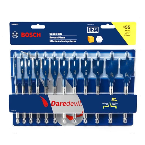 BOSCH DSB5012 12-Piece Assorted Set Daredevil Spade Bits, 1/4 in. Hex Shank Ideal for Fast Drilling Applications in Wood