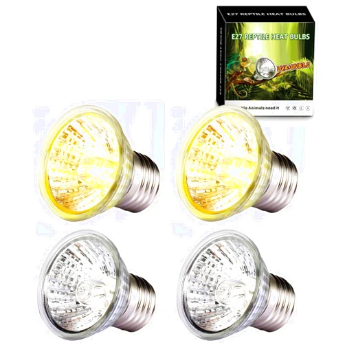 PewinGo 4 -Pack 50W UVA UVB Heat Lamp Bulbs for Reptiles, Heating Emitter Bulbs for Amphibian, Terrariums, Cages, for Tortoise, Snake, Frog, Lizard, Chameleon, Hermit Crab, Cockatoo. Halogen, Orange
