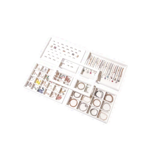 Coward Set of 5 Stackable Jewelry Organizer Tray Necklace Earring Box Storage Ring Bracelet Display Holder (beige(ring+necklace+12girds+24girds+The glass lid))