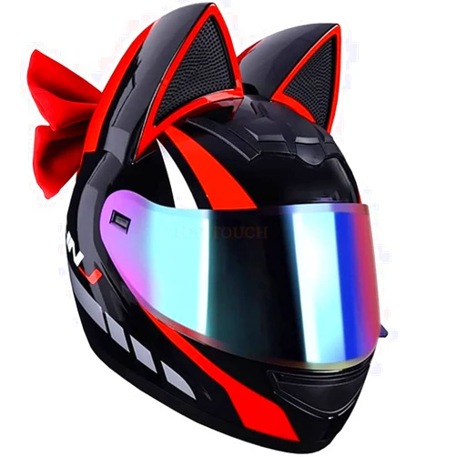 ESRADA Cute Cat Ear Full Face Motorcycle Helmet with Bow Tie, Adults Men Women Cool Flip up Motorbike Modular Helmet, DOT Approved Cruiser Chopper Moped Scooter ATV Helmets, Comfortable Breathable