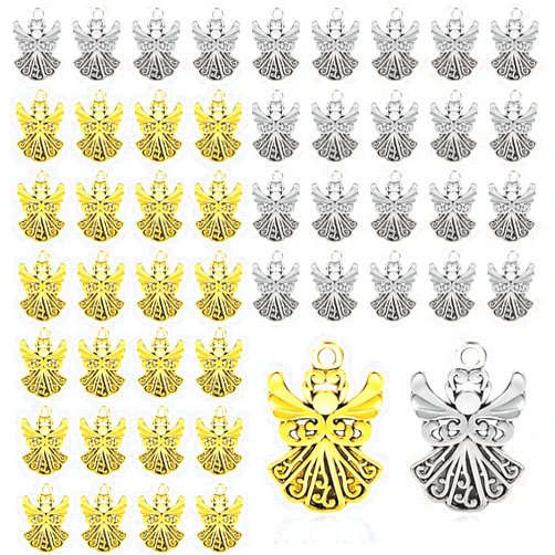 Sliverdew 50PCS Metal Angel Charms for Jewelry Making, Alloy Antique Angel Wing Beads Bulk Fairy Cross Pendants Handmade Craft Supplies for Earring Bracelet Necklace DIY Craft (Gold & Silver)