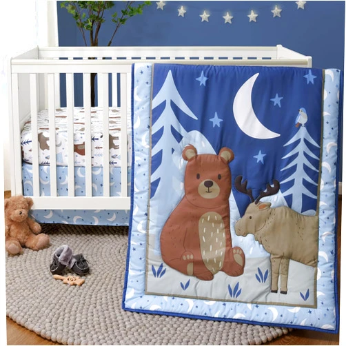 The Peanutshell Crib Bedding Set for Boys, Woodland Nursery Decor, Bear Moose Mountain Celestial Baby Bedding, Blue Crib Comforter, Fitted Crib Sheet, Crib Skirt