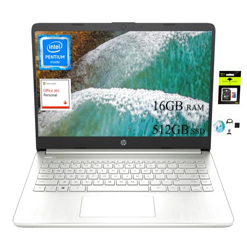 HP 14 HD Portable Laptop Computer Students Business, Quad-Core Intel Pentium N5030 Processor, 16GB RAM, 512GB SSD, HDMI, Win 11 S w/GM Accessories