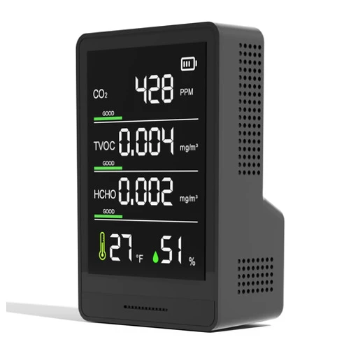 Xoopon Professional Air Quality Monitor Indoor C02 Monitor Temperature Humidity TVOC HCHO Detector for Home Office or School Battery Powered Portable Air Quality Tester (Matte Black)