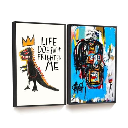 shihuakou1.1 Frame Basquiat Wall Art Set of 2, Jean Michel Basquiat Colorful Graffiti Canvas for Bedroom Living Room Offico 12x16 in