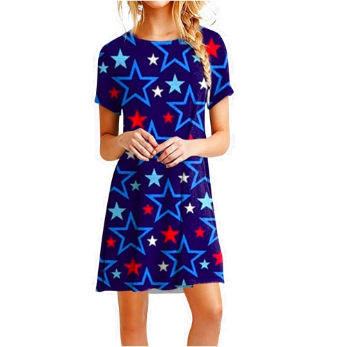 Yesunpxs Summer Dress for Women 2024 Oversized Short Sleeve Dress V Neck Independence Day Print Loose Fit Mid Dresses