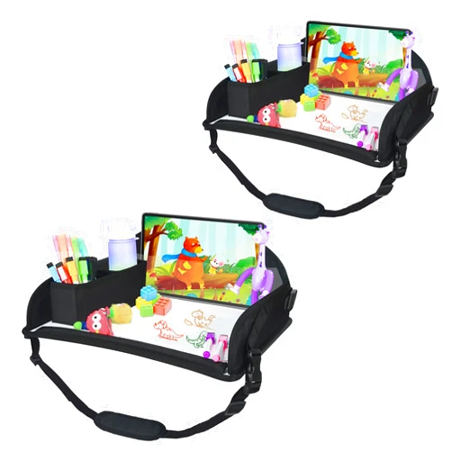 DxTing Upgraded Kids Travel Tray for Car Seat - Travel Tray for Airplane, Table Tray for Kids Travel Essentials, Toddler Car Lap Tray, Carseat Lap Desk for Kids Road Trip Activities, Black - 2 PCS