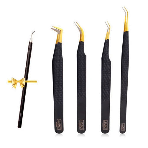 HADIZ Set of 4 Fiber Tip Diamond Grip Eyelash Extensions Tweezers Japanese Stainless Steel Lash Tweezer(Black)