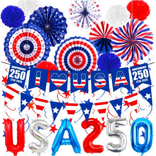 Yaseko 33PCS July 4th Patriotic Decorations Set - Patriotic Outdoor Party Kit: Red White Blue Paper Fans, US Flag Bunting, Star Streamers, USA 250 Balloons, Hanging Swirls for 250 Anniversary USA Decorations