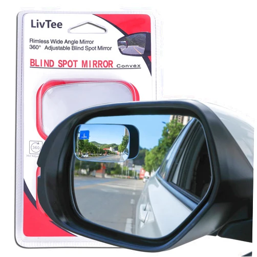 LivTee Blind Spot Mirror, Rectangle Shaped HD Glass Frameless Convex Rear View Mirror with wide angle Adjustable Stick for Cars SUV and Trucks, Pack of 2