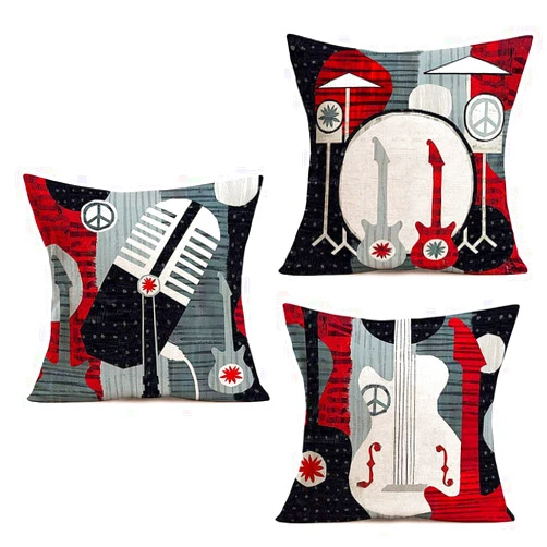 Doitely Set of 3 Throw Pillow Covers Electric Guitar Music Microphone Decorative Pillow Cases Cotton Linen Modern Home Decor Square 18x18 Inches Pillowcases