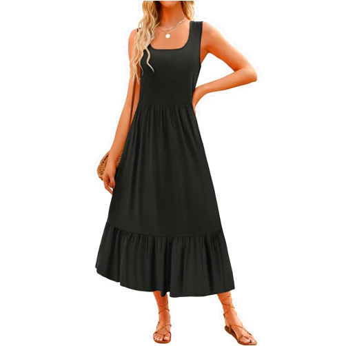 ZESICA Women's 2025 Summer Sleeveless Dress Square Neck Pleated Swing Casual Maxi Dresses with Pockets