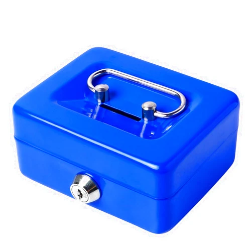 Jssmst Small Cash Box with Lock and Slot, Metal Coin Piggy Bank for Adults and Kids, Blue Locking Money Box