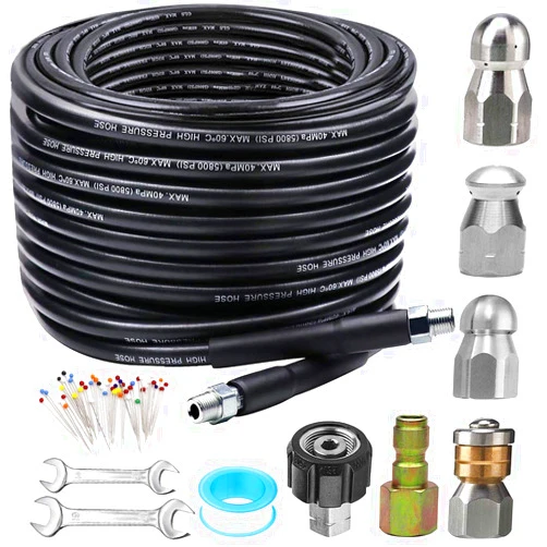ZOFINE Sewer Jetter Kit for Pressure Washer 100FT, Newest 5800PSI Drain Cleaner Hose 1/4 Inch NPT Corner, Rotating and Button Hose Sewer Jetting Nozzle Pearl Corsage Pin Waterproof Tape with 2 Spanner