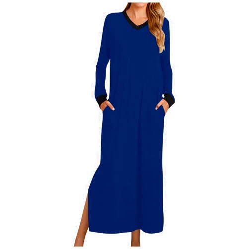 Uorcsa Womens Fall Dresses Long Sleeve V Neck Casual Maxi Dress 2024 Trendy Side Split Comfy Sleep Dress Pocketed Loungewear