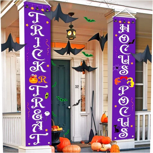 Qeqczow Halloween Decorations Outdoor, Halloween Decor, Trick Or Treat Hocus Pocus Large Witch Purple Banners Porch Signs With 3D Bats Glow in the Dark, For Front Door Outside Yard Garland Party Supplies