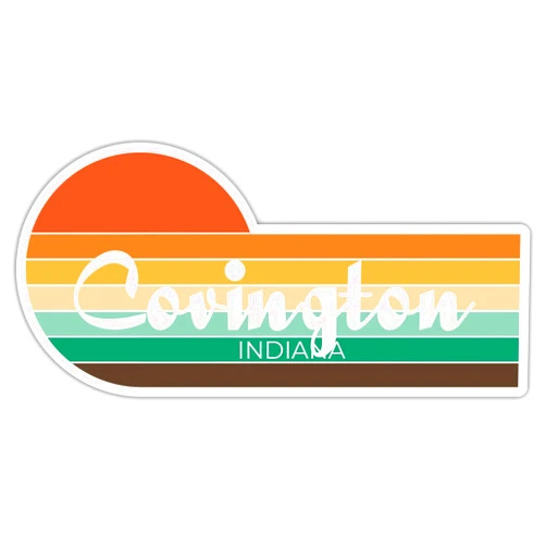 R and R Imports Covington Indiana 2 x 1.25 Inch Sticker Retro Vintage Sunset City 70s Aesthetic Design