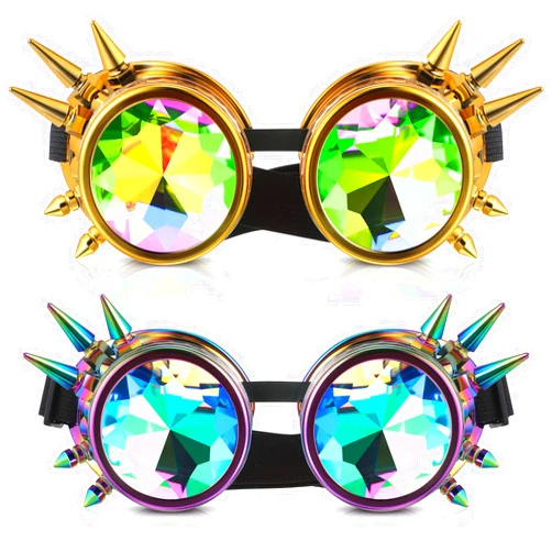 Cindeer Halloween Kaleidoscope Rave Goggles 2 Pack Trippy Psychedelic Steampunk Goggles Rainbow Crystal Lenses Funky Glasses for Rave (Gold, Full Color)