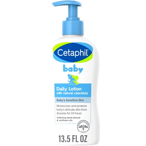 Cetaphil Baby Daily Lotion with Organic Calendula, NEW 13.5 fl oz, Vitamin E, Sweet Almond & Sunflower Oils, Mineral Oil Free, Paraben Free, Dermatologist Tested, Clinically Proven for Sensitive Skin