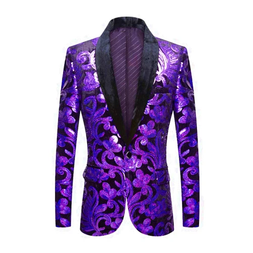 PYJTRL Men Fashion Velvet Sequins Floral Pattern Suit Jacket Blazer