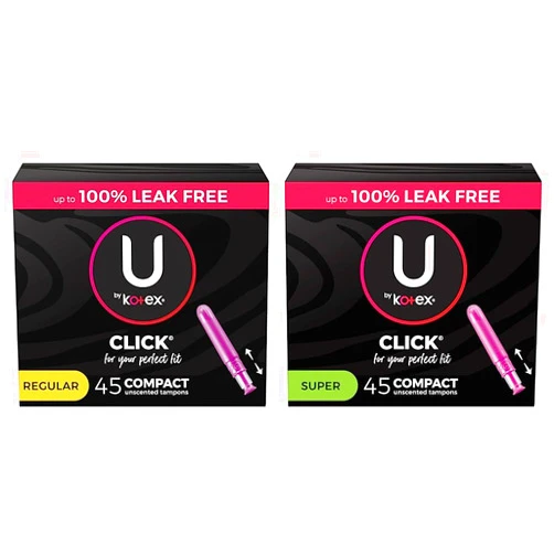 U by Kotex Click Compact Tampons, Regular Absorbency, Unscented, 45 Count & U by Kotex Click Compact Tampons, Super Absorbency, Unscented, 45 Count