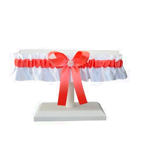 Le Choix de la Mariee Handmade Coral and white satin wedding garter with iridescent flower and rhinestone, Coral prom and wedding lingerie, Toss or keepsake garter
