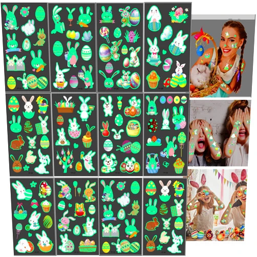 TEGEEM Glitter Styles Easter Temporary Tattoos for Kids Party Decorations, 100 Sheets Luminous Easter Party Supplies Favors, Easter Bunny Eggs Gifts Tattoos Stickers for Party Supplies School Gifts Prizes (random)