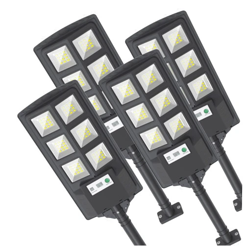 EcoJLigOas 4 Packs 150W Solar Street Lights Outdoor Waterproof, LED Street Light Solar Powered, Motion Sensor Security Flood Light, Remote Control for Garage, Yard, Parking Lot etc