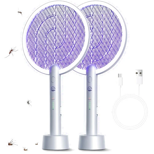 Mosiller Electric Fly Swatter Racket 2 Pack, Mosiller 2 in 1 Bug Zapper with Auger USB Rechargeable Base, 4000 Volt Indoor Outdoor Mosquito Killer with 3-Layer Safety Mesh for Pest Insect Control & Flying Trap