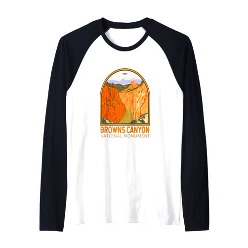 Browns Canyon National Monument Merch Apparel Browns Canyon National Monument Colorado Emblem Vintage Raglan Baseball Tee
