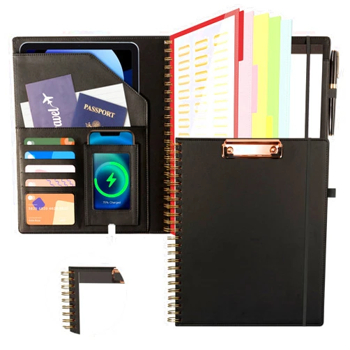 Ospelelf Black Leather Spiral Clipboard Folio with Storage for Men, Portfolio 5 Folders with 10 Pockets, Foldable Organizer Binder with Elastic Strap Notepad