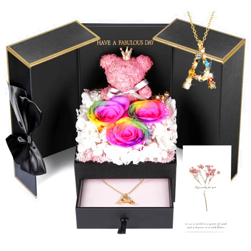 ADDWel Rose Gifts for Women Birthday Unique - Forever Preserved Rose with Personalized Initial Letter Necklace A, Eternal Rose Flowers Presents for Mom Girlfriend Wife Sister on Birthday Anniversary