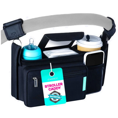 Swanoo Stroller Caddy Stroller Organizer With Cup Holder, Non Slip Straps Stroller Bag for Phone, Pet Stroller Accessories, Universal Fits Uppababby Vista v2 Wonderfold Wagon, Doona and More