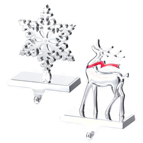 Minetom Christmas Stocking Holders, Set of 2 Snowflake & Reindeer Silver Stocking Holder, Weighted Personalized Christmas Stockings Hanger for Mantel, Stocking Hooks for Mantle Fireplace Christmas Decorations