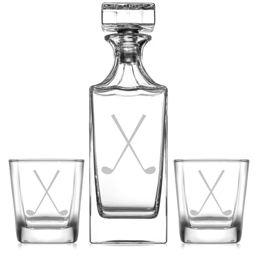 MIP Whiskey Decanter Gift Set With 2 Whiskey Old Fashioned Rocks Glasses Crossed Golf Clubs