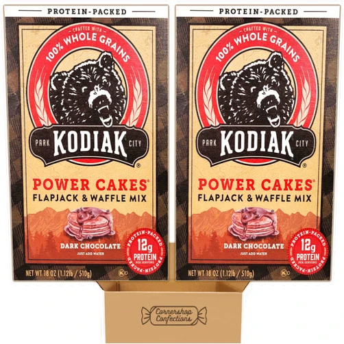 Cornershop Confections Kodiak Cakes Power Cakes Mix and Match Bundles - High Protein Dark Chocolate Flavored Flapjack and Waffle Mix - 2 Individually Sealed 18 Ounce Boxes - Just Add Water or Milk - In Cornershop Box
