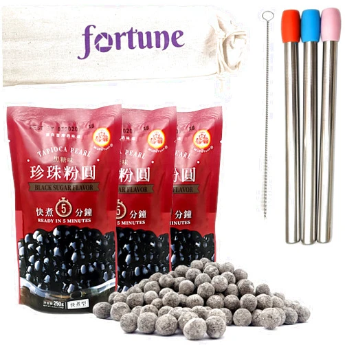 WuFuYuan Boba Tapioca Pearl Bubble Tea Drink DIY Set | WuFuYuan Black Large Balls 8.8oz (3 pack) + 3 FortuneHouse Reusable Stainless Steel Round Boba Straws, 3 Silicone Tips, 1 Cleaning Brush, 1 Canvas Bag