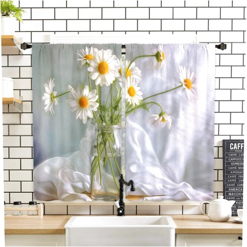 Miyotaa White Daisy Flower Kitchen Window Curtains 2 Panels 27.5W x 39H Rod Pocket Floral Plant Vase Aesthetic Art Small Short Door Decor Bathroom Drapery Treatment