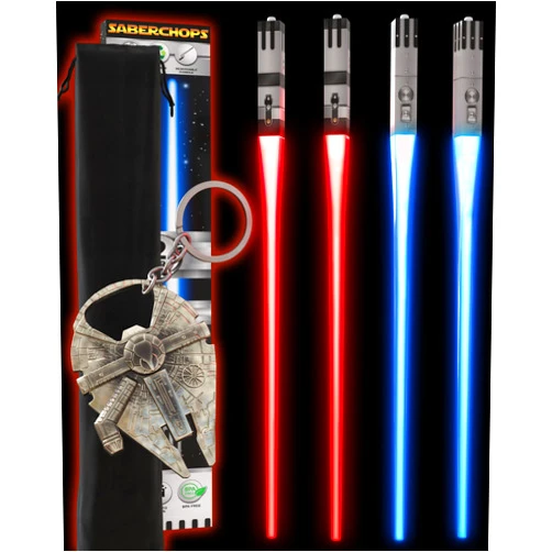 Saber Chops SaberChops Lightsaber Chopsticks Star Wars Gifts LED Light Up Reusable Light Saber Removable Handle Dishwasher Safe Red & Blue 2 PAIRS & FREE Millennium Falcon Keychain Bottle Opener,Red & Blue