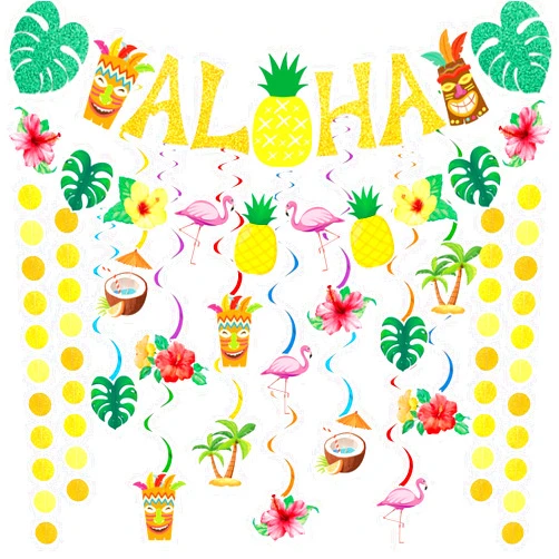 Miucat Pre-Strung Hawaiian Aloha Party Banner Decorations, Large Flamingo Tiki Tropical Party Decorations for Luau Birthday Summer Beach Party Supplies
