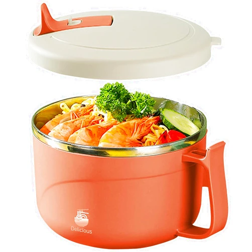 Ronanemon Microwave Ramen Bowl with Handles,304 Stainless Steel Liner Bowl, Microwavable Soup Mug with Lid Large Soup Cups for Ramen Noodle Cereal,42 oz (Orange)