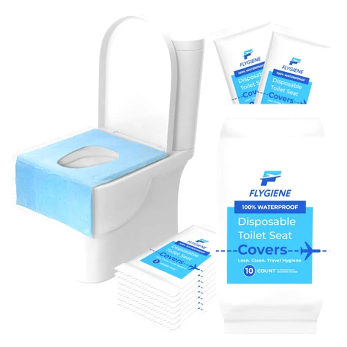 FLYGIENE Disposable Toilet Seat Cover - Individually Wrapped Toilet Liners - Travel Essentials for Adults & Kids - XL Waterproof Toilet Seat Covers for Travel, Airplane, Public Restroom (1 Pack of 10)