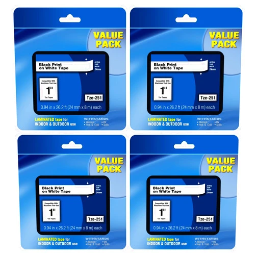 Kappiek Tze-251 24mm Label Tape Replacement for Brother P Touch TZe TZ Label Tape 24mm 0.94 Laminated Label Tape for Ptouch PTD400 PTD410 PT-D610BT PTD460BT, Black on White, 4 Pack