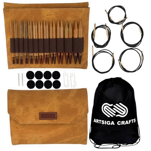 Lykke Umber 5 in. Complete Set US 4, 5, 6, 7, 8, 9, 10, 10.5, 11, 13, 15, 17 Interchangeable Circ. Knitting Needles for DK, Worsted, Super Chunky Yarn, Birch, 5 Cords, Umber DM Case, Project Bag
